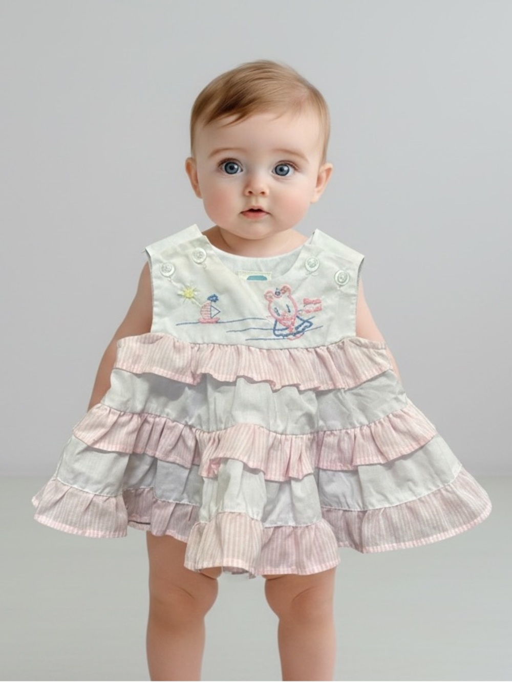 Vintage Tiered Ruffle Baby Dress | Pink & White Stripe | 6M